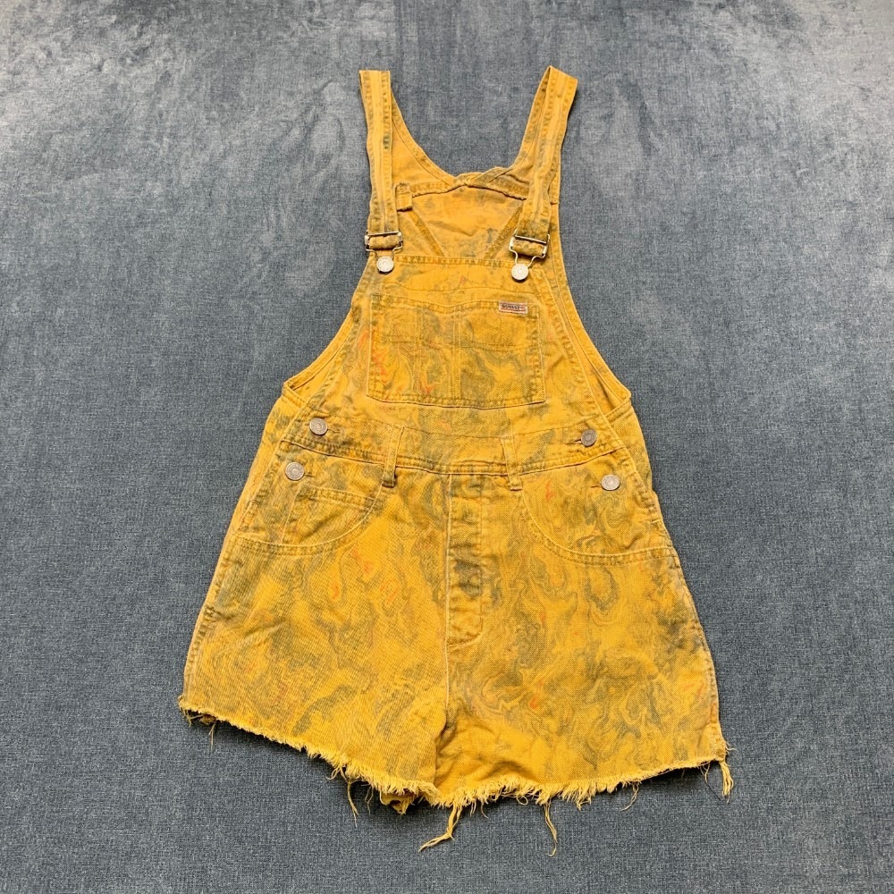 VTG USA Made Guess Shortalls Womens 2 Yellow Acid Wash Adjustable Strap Frayed